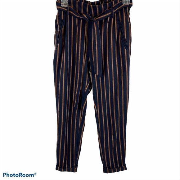 Zara Striped Navy Paper Bag Trousers with Belt XS - Picture 8 of 15